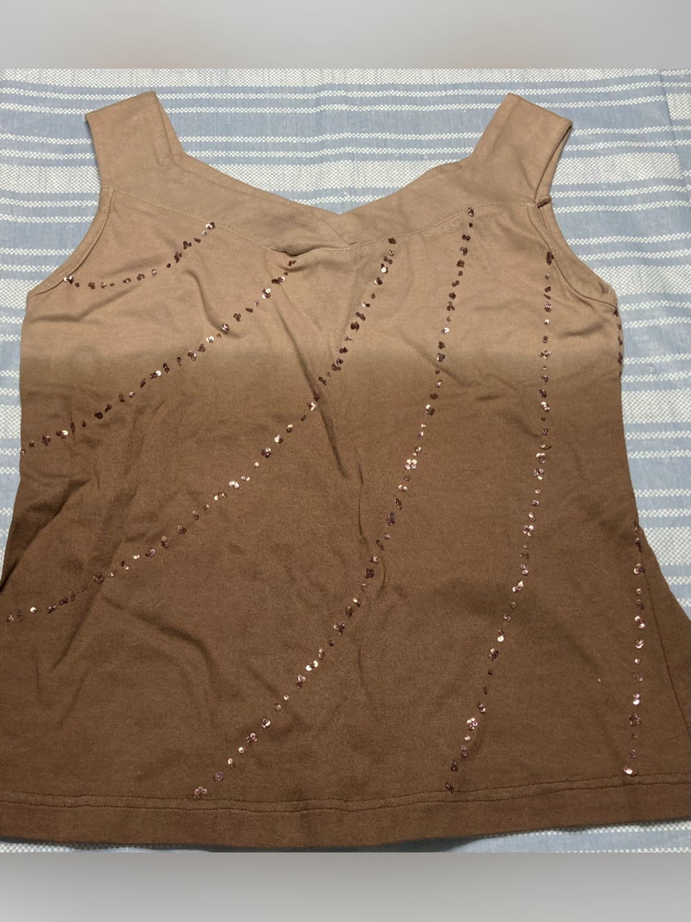 Erika vintage petite ombré beige and brown top with sequin accents.